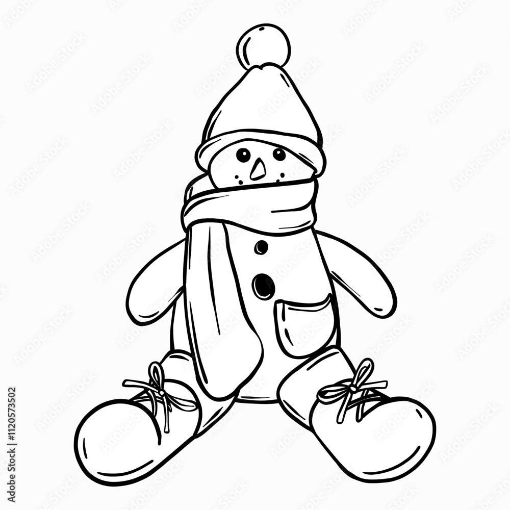 Toy snowman in a hat and scarf. Vector black and white linear ...