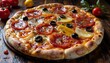 © Elie - A freshly baked pizza with a variety of toppings like pepperoni, bell peppers, olives, and mushrooms, sitting on a wooden table with a rustic background create with ai