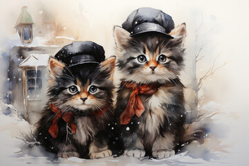 Wall Mural - two kittens at Christmas, watercolor,.  