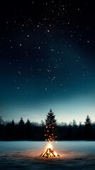 Wall Mural - Bonfire in Snowy Field with Starry Night Sky and Evergreen Trees