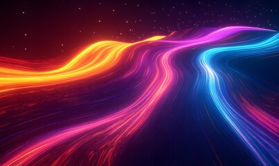 Poster - multicolored neon wavy lines creating an energetic trail across a dark void