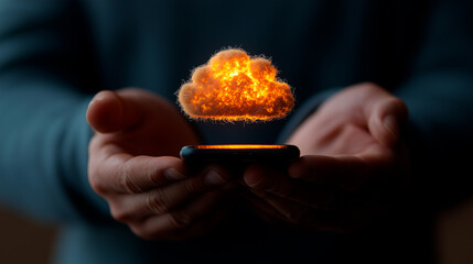 Wall Mural - Glowing Cloud Image Above Smartphone Held in Hands