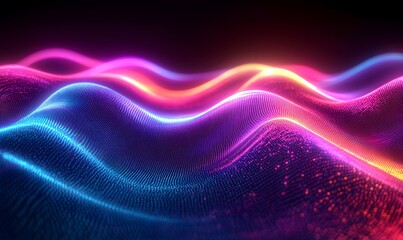 Poster - multicolored neon wavy lines creating an energetic trail across a dark void