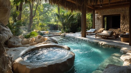 Poster - A tranquil setting features inviting stone hot tub and pool surrounded by greenery. The warm glow of the setting sun enhances the peaceful atmosphere, inviting relaxation.