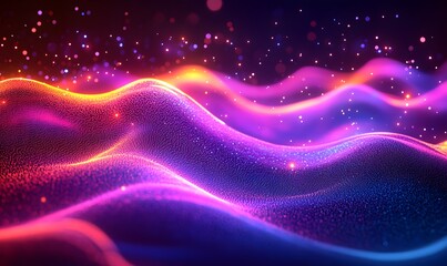 Poster - Abstract background with neon wavy lines interacting with floating light particles