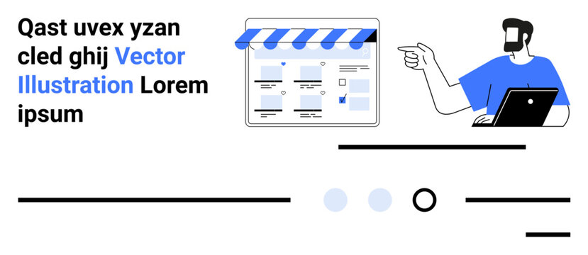 Man pointing at storefront interface panel with laptop, blue shirt, outlined elements. Ideal for web design, e-commerce, user interface, tech tutorials, graphic design, online shops, IT support