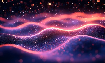 Poster - Abstract background with neon wavy lines interacting with floating light particles