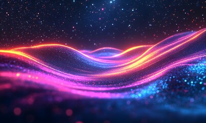 Poster - A mesmerizing 3D abstract background featuring a single vibrant neon wavy line glowing