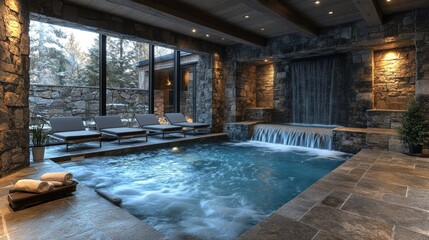 Poster - A tranquil spa area showcases a beautiful water feature flowing into a small pool. Comfortable loungers invite relaxation, surrounded by natural stone walls and large windows with a forest view.