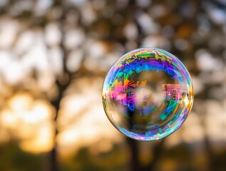 Fototapete - Soap bubble reflecting the surroundings