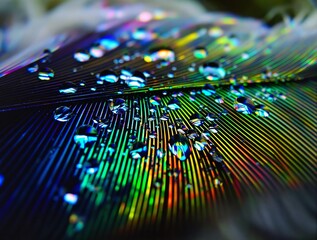 Poster - Dew drops on a colorful feather
