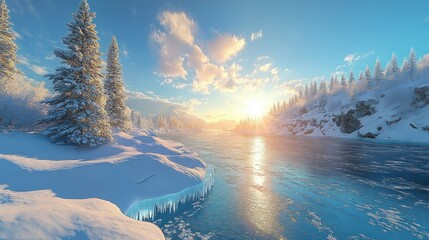 Sunlit winter river scene with snow-covered trees and icy banks at sunset.
