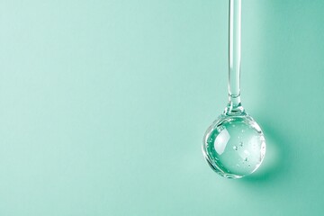 pipette dropping hyaluronic serum on light green background