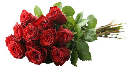 Poster - A stunning bouquet featuring a dozen vibrant red roses surrounded by rich green leaves, perfect for celebrating love or special moments. Ideal for events, gifts, and decorations.