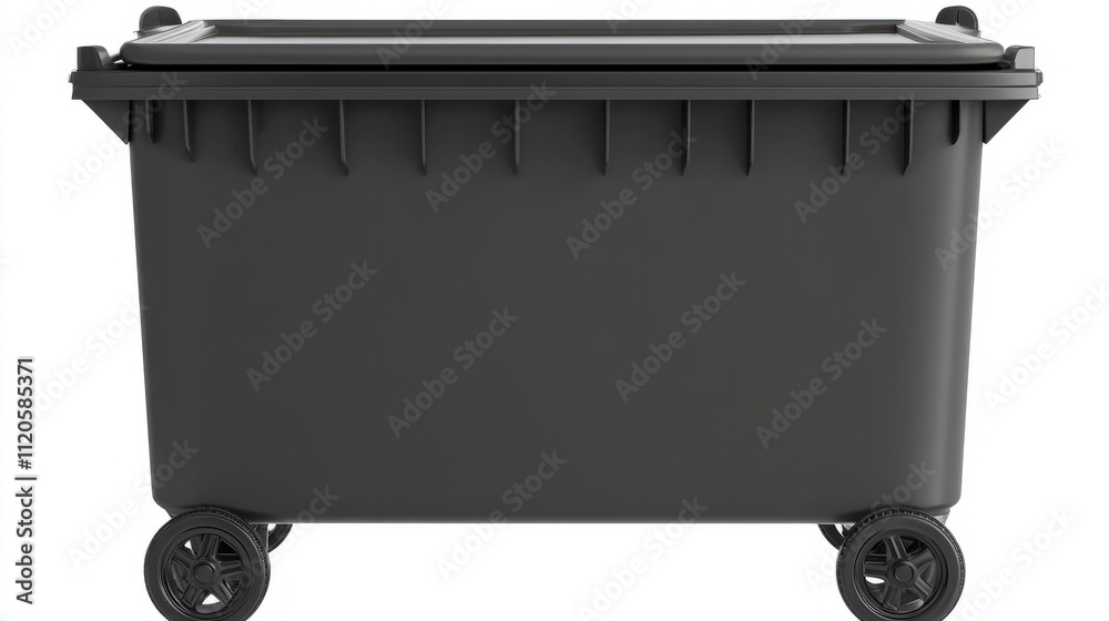 Black trash bin with wheels and lid isolated on white background. PNG ...