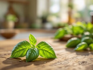 Poster - Fresh basil leaves on kitchen counter