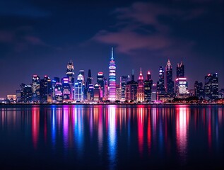 Poster - City skyline at night with colorful reflections