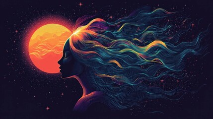 Sticker - Colorful silhouette of a woman with flowing hair against a vibrant sunset, embodying freedom and creativity. Dreamy atmosphere with cosmic elements.