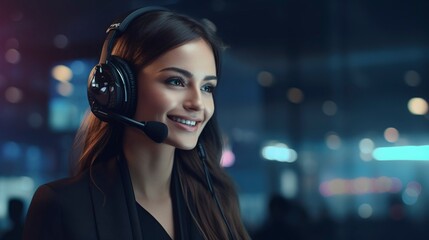 A photo of a girl in a call center using technology