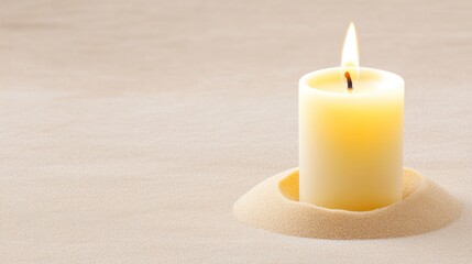 A lit candle surrounded by soft sand, creating a serene ambiance.