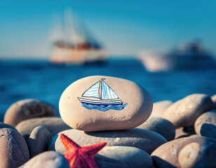 Wall Mural - A painted sailboat decorates a smooth beach stone, with a starfish and boats visible in the blurred background against blue ocean waters.