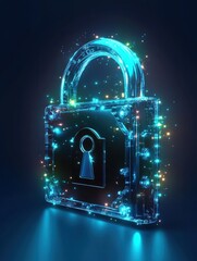 Poster - Glowing lock interface on blue background. Digital security and protection concept. 3D Rendering