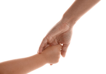 Wall Mural - Mother and child holding hands on white background, closeup