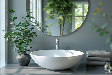 Stylish mirror, eucalyptus branches and vessel sink in modern bathroom. Interior design,.   