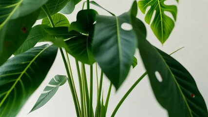 Wall Mural - Monstera deliciosa in a Pot Against a White Wall: A Study in Green