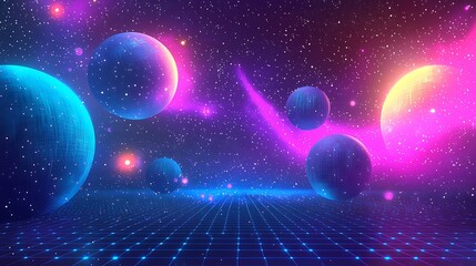 Wall Mural - digital space with floating holographic elements and moving dots