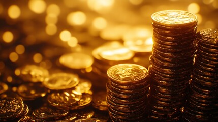 Poster - Golden Stacked Coins Create a Luxurious Wealth Symbolic Image : Generative AI
