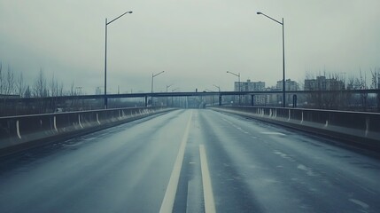 Poster - RainSoaked Urban Bridge with Overcast Sky and Distant City View : Generative AI