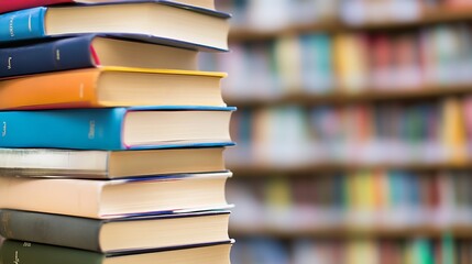 Aufkleber - Stack of Multicolored Books in Modern Library with Blurred Bookshelves : Generative AI