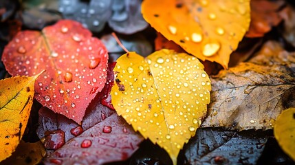 Poster - Vibrant Autumn Leaves with Dew Droplets in Close Up Capture for Seasonal Themes : Generative AI