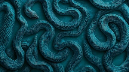 Detailed Pattern Of Entwined Snakes In Intricate Spiral On Dark Teal Background : Generative AI