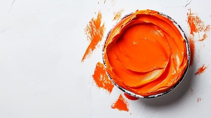 Poster - Bright Orange Oil Paint in Open Tin on Artistic White Canvas Background : Generative AI