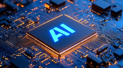 Poster - Futuristic AI Circuit Chip Illuminated with Orange and Blue Lights on a Circuit Board : Generative AI