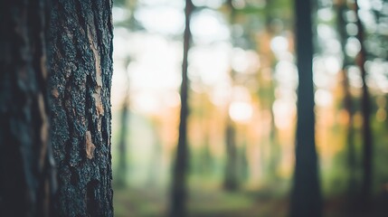 Poster - Closeup of Tree Trunk in Sunlit Forest Captured with Shallow Depth of Field : Generative AI