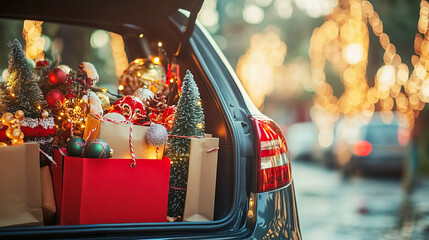 Wall Mural - Festive car trunk filled with christmas decorations and gift bags