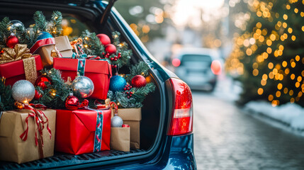 Wall Mural - Festive holiday car loaded with gifts and decorated christmas ornaments