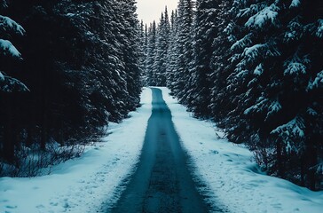 Poster - Scenic Snowy Road Through Evergreen Forest in Wintertime : Generative AI