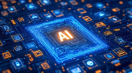 Poster - Blue Themed AI Concept on a Circuit Board Symbolizing High Technology Evolution : Generative AI