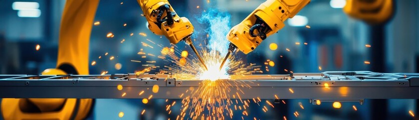 Aufkleber - Multiaxis robotic arms welding car chassis with sparks flying, automotive industry, vibrant energy, modern factory design, dynamic composition