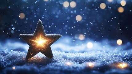 Poster - Glowing Christmas Star Shining in Snowy Winter Night with Soft Bokeh : Generative AI