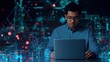© taweesak - Innovative entrepreneur working on a laptop surrounded by virtual data streams focus on, techdriven leadership, futuristic, composite, digital workspace backdrop
