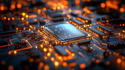 Leinwandbilder - Close Up of a Dark Circuit Board with Illuminated Microchip and Orange Accents : Generative AI