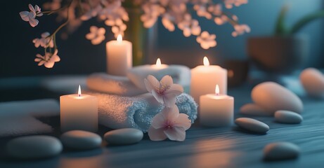 Poster - Serene Wellness Setting with Candles and Blossoms for Meditation and SelfCare Environments : Generative AI