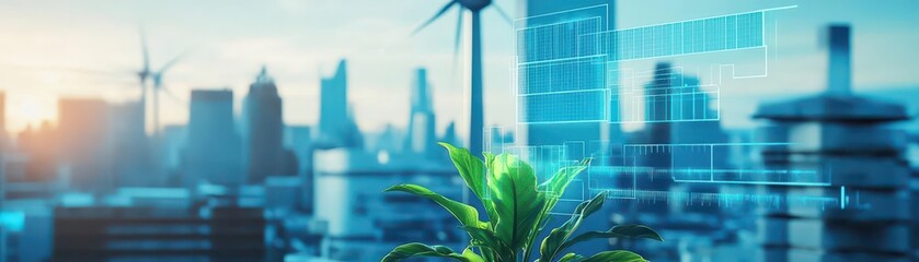 Poster - Ecofriendly city powered by renewable energy, AR overlay showing solar and wind energy usage, cyberfuturistic, clean design