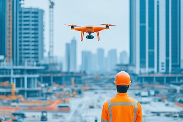 Poster - Drone technology monitoring construction site safety from above, top view, showcasing aerial surveillance for worker protection, futuristic tone, Vivid Color Scheme