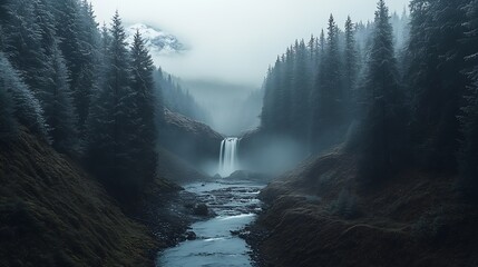 Poster - Majestic Waterfall in Dense Pine Forest Oasis Enveloped by Mist and Mystery : Generative AI